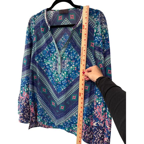 Hale Bob S 100% Silk Flowy Tunic Top $278 Beaded Button Collar Boho Blouse Blue - Picture 5 of 8